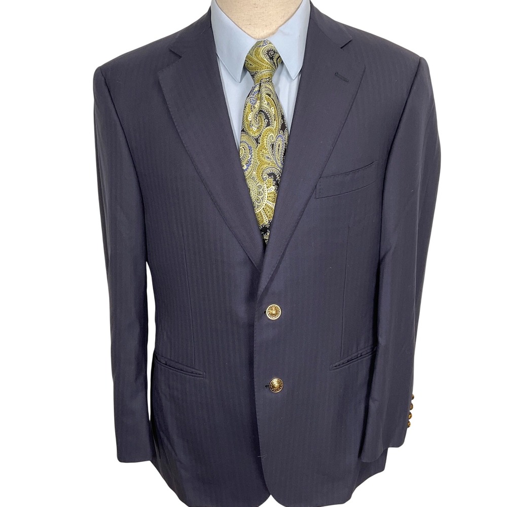 Pal Zileri Blazer‎ Men 42R Navy Herringbone Super 130s Gold Crest Button Italian